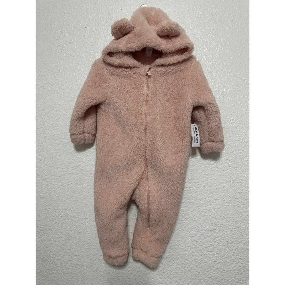 NWT Old Navy Baby Girls Pink Fuzzy Bear Hood Footie  12-18M